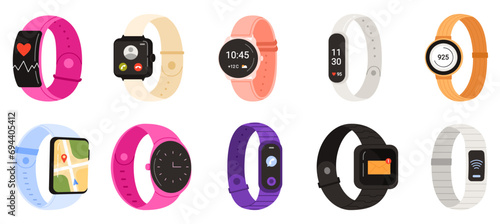 Smart watches set. Different wearable smartwatches collection with mobile apps display, gadgets for health tracking and clock, email and online call, GPS map on screen cartoon vector illustration