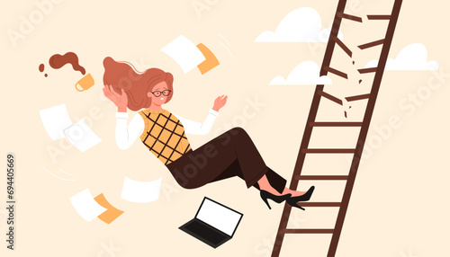 Businesswoman falling from career ladder. Woman flying down stairs due to broken steps, fail and professional crisis of lady among chaos of business documents and laptop cartoon vector illustration