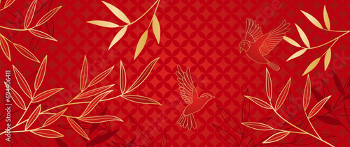 Elegant Chinese oriental pattern background vector. Elegant swallow bird and bamboo leaves branch golden line art on red background. Design illustration for happy new year, wallpaper, banner, card.