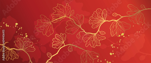 Elegant Chinese oriental pattern background vector. Elegant cherry blossom flower golden line art on red background. Design illustration for happy new year, wallpaper, banner, card.