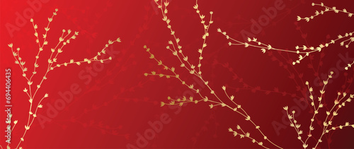 Elegant Chinese oriental pattern background vector. Elegant wildflower golden line art on red background. Design illustration for happy new year, wallpaper, banner, card. © TWINS DESIGN STUDIO