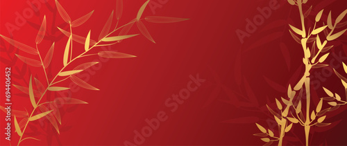 Elegant Chinese oriental pattern background vector. Elegant bamboo leaves branch golden line art on red background. Design illustration for happy new year, wallpaper, banner, card. © TWINS DESIGN STUDIO