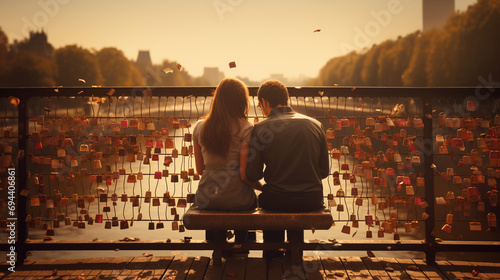 A couple of lovers are on the bridge with locks photo
