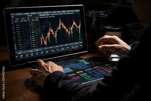 Financial Market Correction Chart on Tablet Screen, Banknotes, Human Hands, Office Workspace