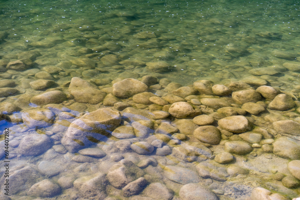 flowing water in a calm river where there are rocks in the water. River water surface details, reflections and abstracts, ripples and patterns.