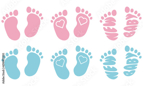 Baby footprints for a newborn design, 3 types, plain, with heart, with the word new baby in pink or blue colours