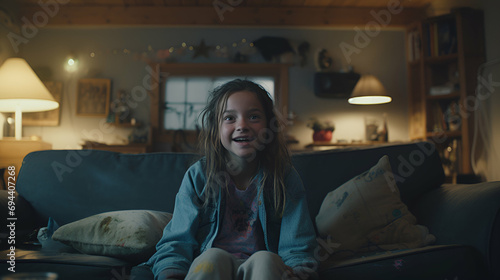 A girl looking happy and excited is watching television, sitting on a sofa, young and cute, smiling, interior shot of the room