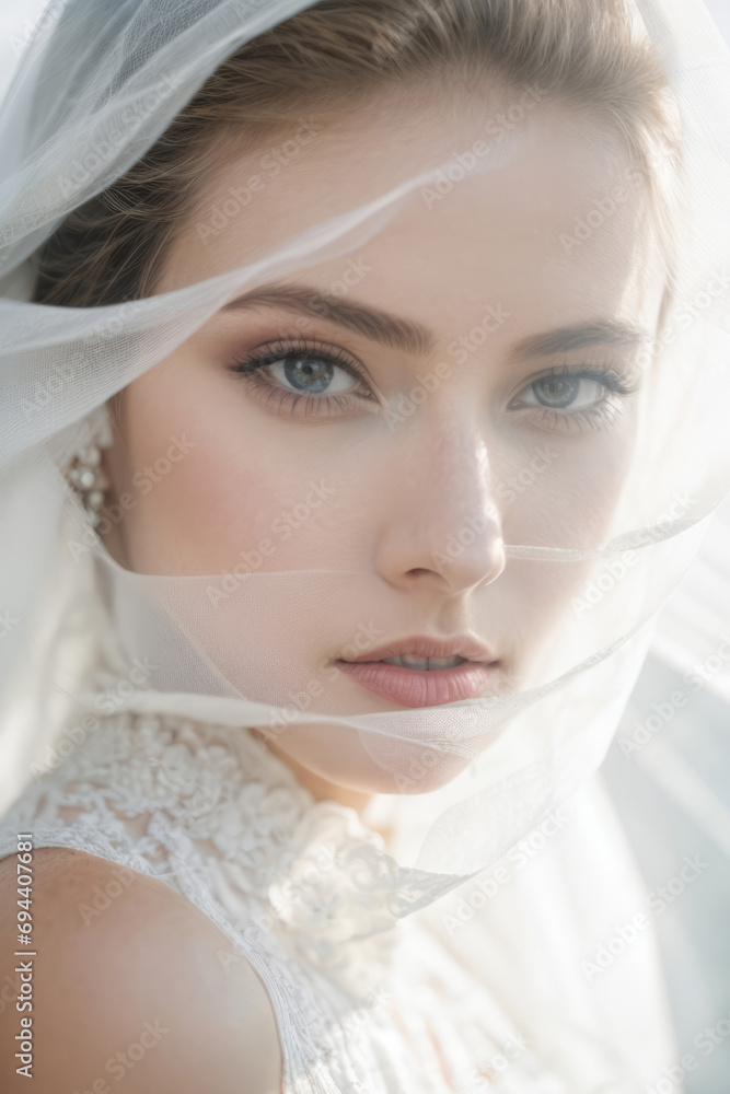 Close-up portrait of a beautiful attractive Caucasian woman bride under a white veil looking at the camera. Wedding, fashion, beauty concepts. Close-up portrait of a beautiful attractive Caucasian woman bride under a white veil looking at the camera. Wedding, fashion, beauty concepts.