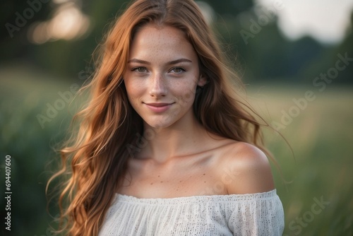 A beautiful charming smiling young woman with long curly hair, blue eyes looks at the camera against the background of nature. Summer, happiness, emotions, natural beauty of the concept.