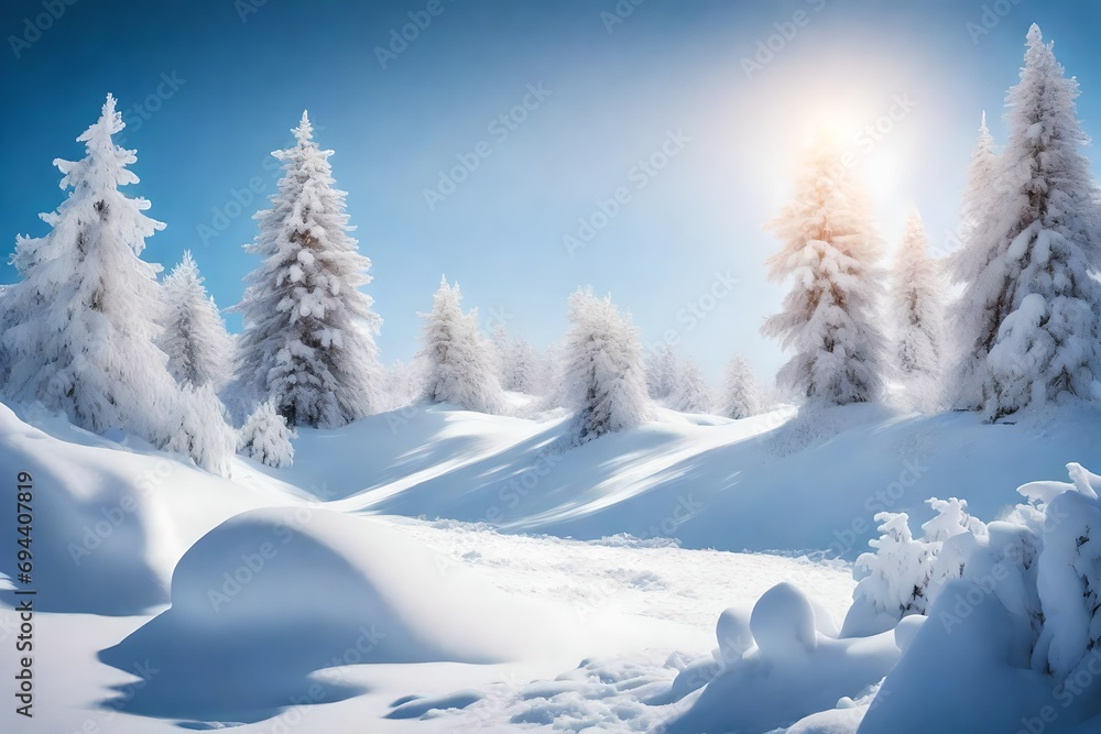 Gorgeous scenery with snowdrifts and fir trees covered with snow