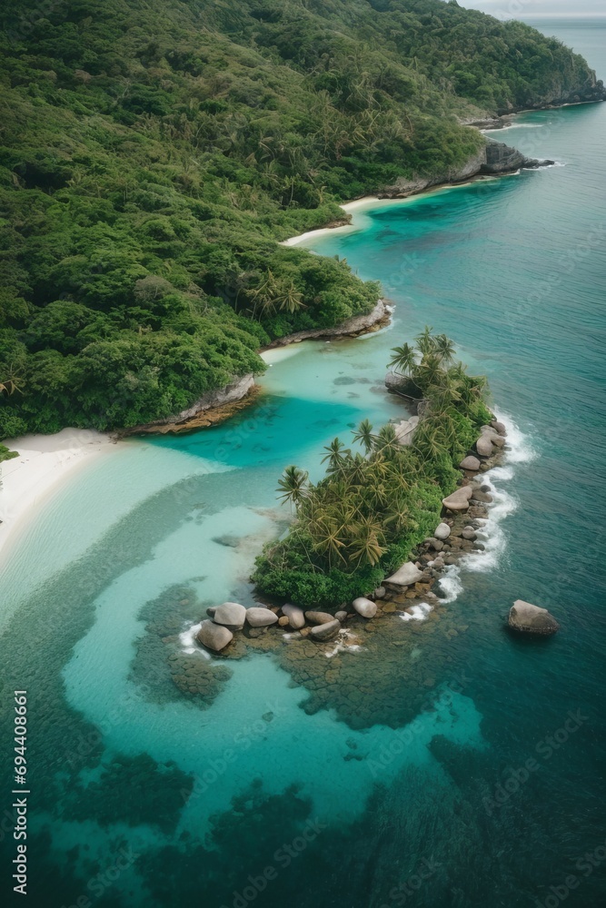 A bird's-eye view of a beautiful green island in an azure clear sea.