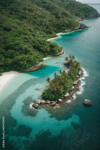 A bird s-eye view of a beautiful green island in an azure clear sea.