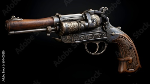 Pirate pistol on a black background, historical gun for pirate event, pirate themed costume party, weapon from the past, history firearm