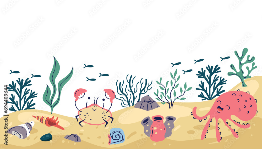 Naklejka premium Sea aquarium underwater ocean bottom mock template concept. Vector flat graphic design illustration