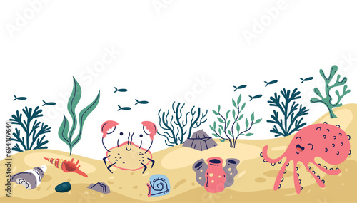 Sea aquarium underwater ocean bottom mock template concept. Vector flat graphic design illustration