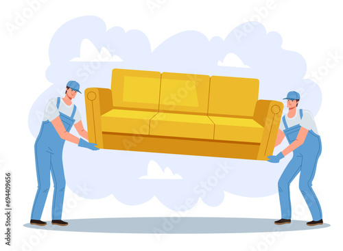 Workers carry furniture sofa move house shipment concept. Vector flat graphic design illustration photo