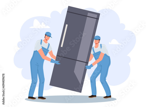 Workers carry furniture sofa move house shipment concept. Vector flat graphic design illustration