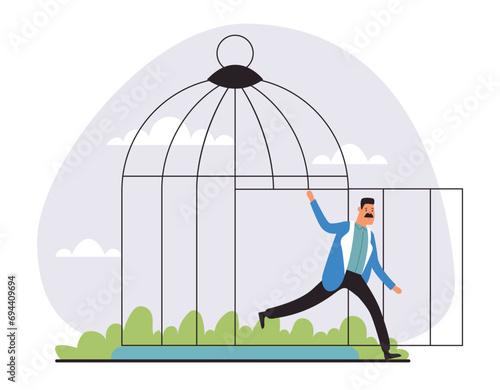 People escape from cage release concept. Vector flat graphic design illustration 