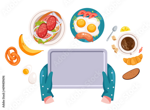 Food tray in chef cook hand concept. Vector flat graphic design illustration