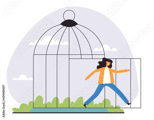 People escape from cage release concept. Vector flat graphic design illustration 