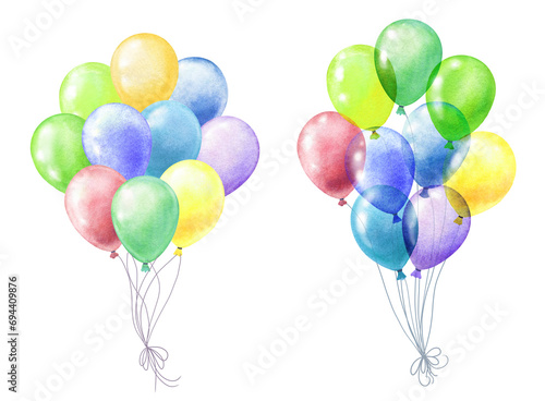 St of watercolor colorful balloons isolated on white background. Hand drawn illustration