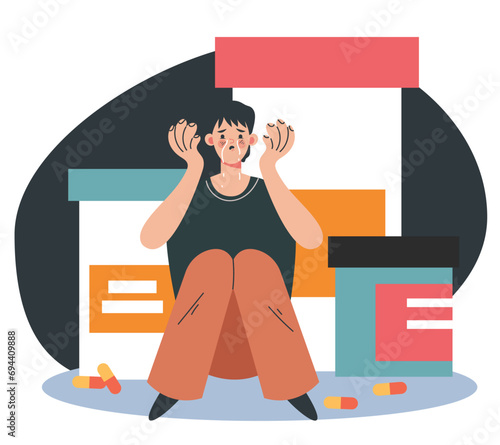 Psychology mental problem pill antidepressant depression concept. Vector flat graphic design illustration