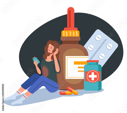 Psychology mental problem pill antidepressant depression concept. Vector flat graphic design illustration