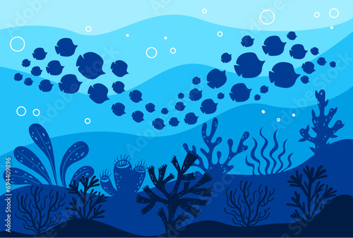 Fish shoal ocean seaweed underwater silhouette concept. Vector flat graphic design illustration