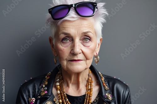 Portrait of an extravagant gray-haired elderly woman wearing a black leather jacket and glasses, looking at the camera. Fashion, clothing and accessories concepts.