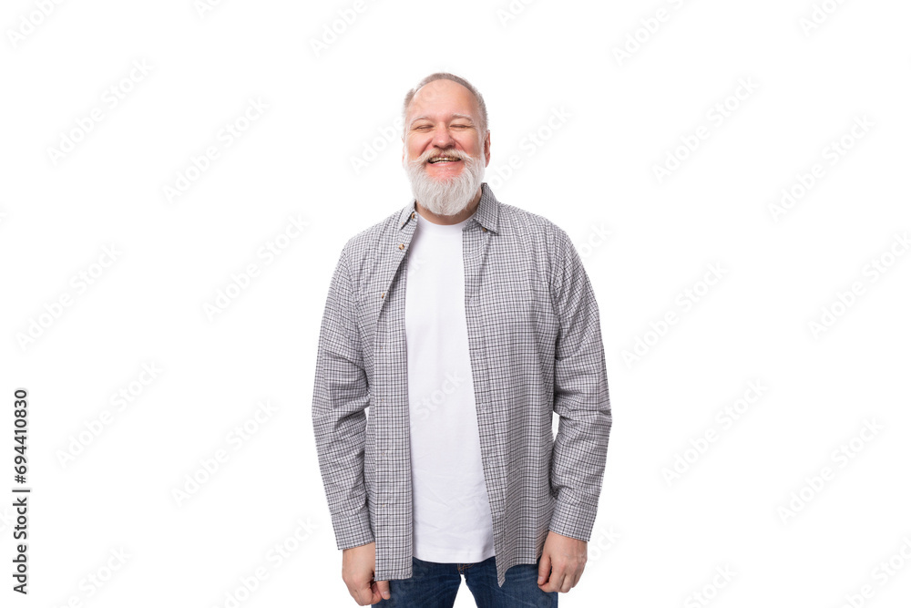 handsome mature man with white beard and mustache dressed in casual comfortable shirt and t-shirt handsome mature man with white beard and mustache dressed in casual comfortable shirt and t-shirt