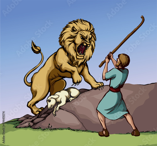 Vector drawing. An angry lion steal sheep