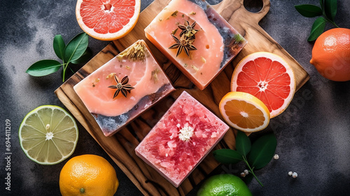 Variety of natural handmade soap bars with grapefruit and tangerines on a dark background. top view