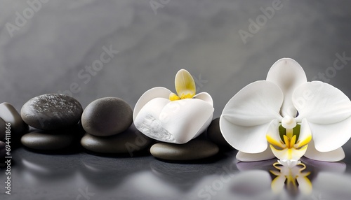 white orchid with gray stones suitable background for wellness