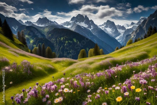Beautiful alpine scenery in the Alps including springtime meadows in bloom