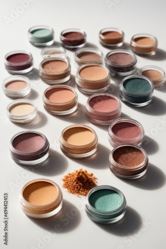 Close-up of a lot of colorful eye shadow, powder, blush on a white background.