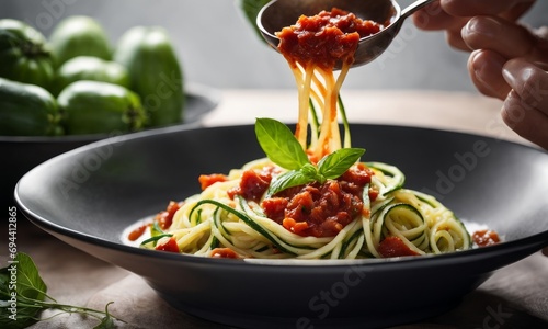 Delicious Bowl of Zucchini Noodles with Tomato Sauce Isolated on a White Background, Generative AI photo