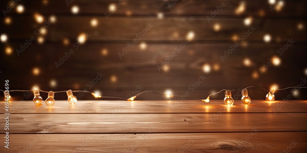 Wooden table with indoor string lights, ideal for Christmas display. Wooden table with indoor string lights, ideal for Christmas display.