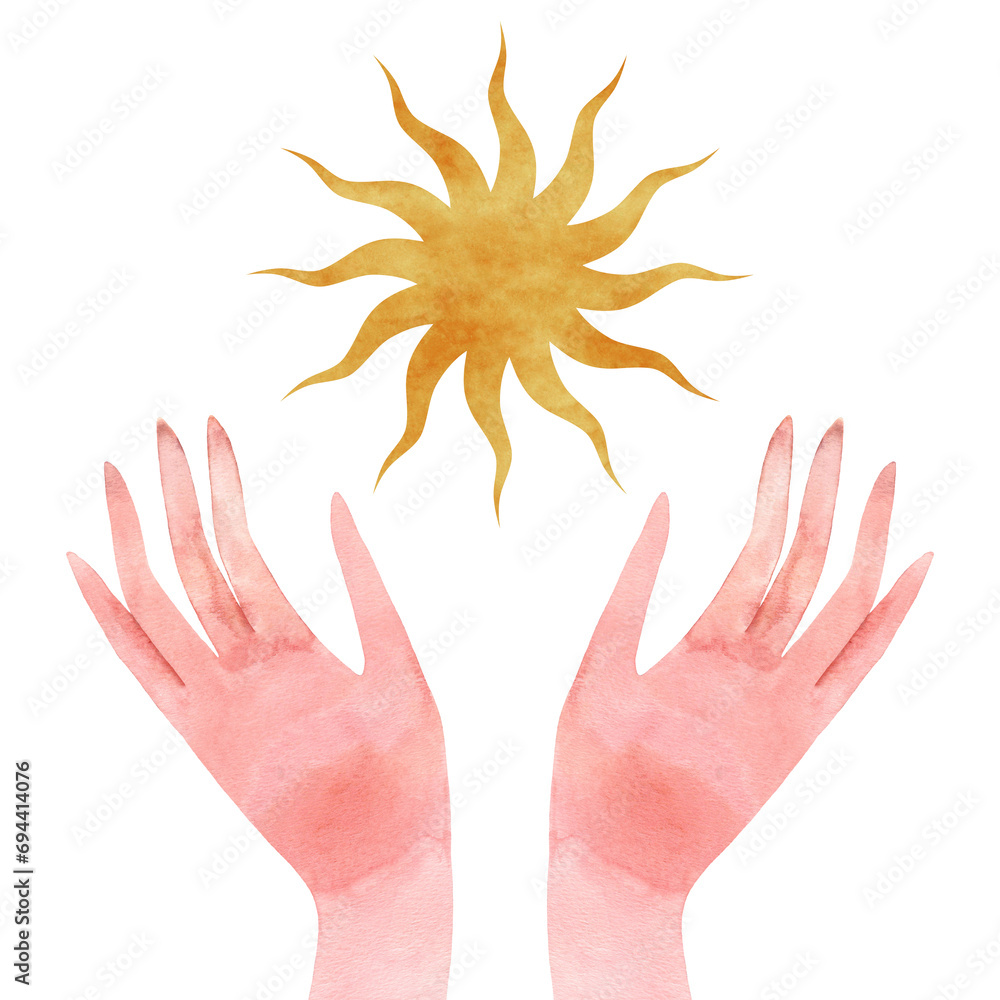 Watercolor illustration of the Sun and woman's hands. Spiritual composition isolated on a white background. Watercolor illustration of the Sun and woman's hands. Spiritual composition isolated on a white background.