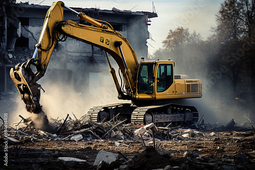 Destruction of old house by excavator. Bucket of excavator breaks concrete structure photo