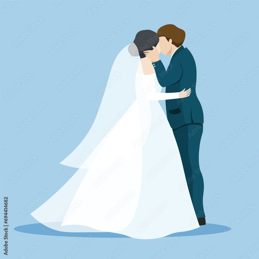 Vector illustration flat charactor of bride and groom kissing in wedding day isolated on soft blue background Vector illustration flat charactor of bride and groom kissing in wedding day isolated on soft blue background