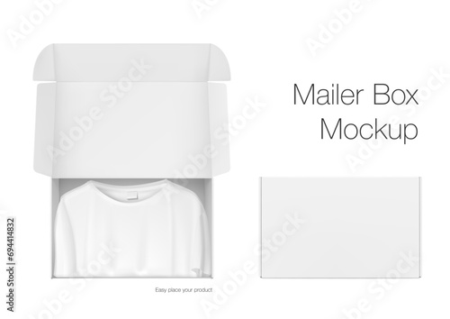 Realistic open post box mockup with t-shirt. Vector illustration isolated on grey background. Flat lay view. Ready for your design, promotion, self branding. EPS10.