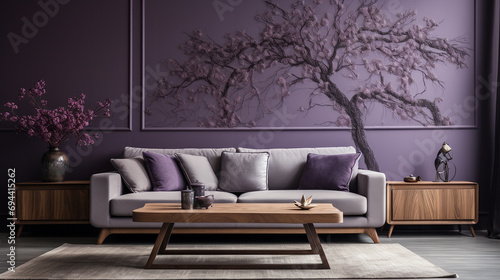 Against an elegant lavender feature wall, a wooden-framed sofa in dark oak is the centerpiece beneath a 3D plane tree pattern with silver bark