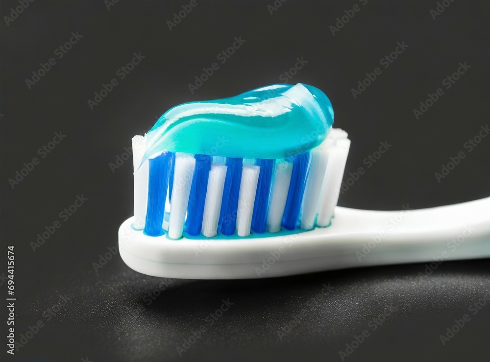 Toothbrush with toothpaste on the top, isolated on black background, closeup Toothbrush with toothpaste on the top, isolated on black background, closeup