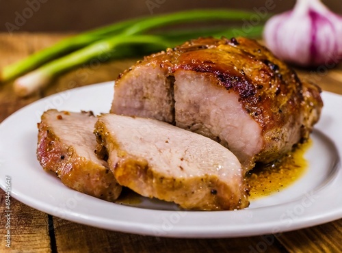 Roasted pork closeup, isolated on wooden table restaurant background