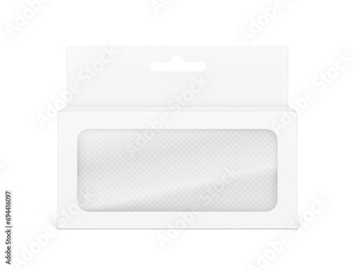 Universal mockup of blank cardboard box with transparent window and hang slot. Vector illustration isolated on white background, ready and simple to use for your design. EPS10.
