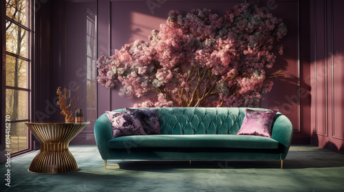 In a room bathed in soft mauve, a 3D plane tree pattern with holographic bark hangs over an opulent forest green velvet sofa