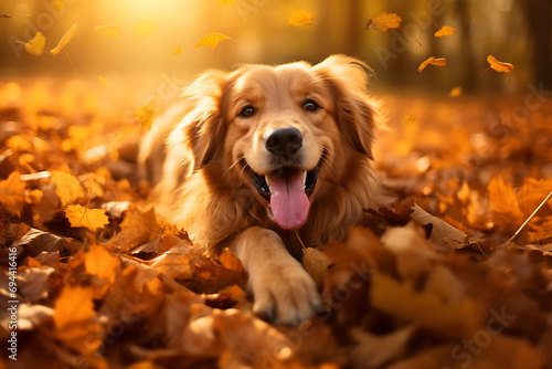 playing golden retriever puppy in autumn leaves