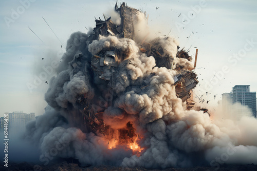 Building collapsing in a bomb blast with smoke overhead, blowing up a building with explosives, smoke and ruins photo