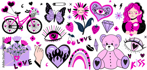 Set of y2k pink girly clipart. emo sad girls in love, heart, letter, bicycle. Valentine's day collection. Vector.