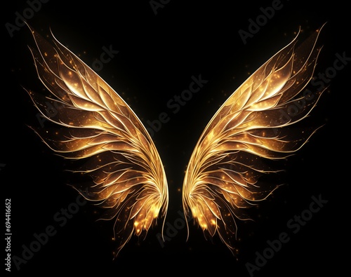 Big gold shimmering fairy wings on black background, element for masking or photo zone